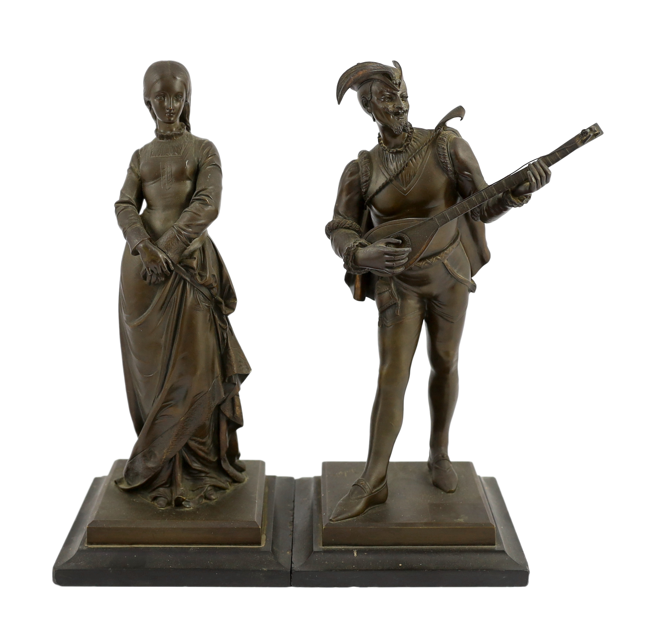 Paul Dubois (French, 1829-1905). A pair of bronze figures of a Medieval maiden and a troubadour 34cm high